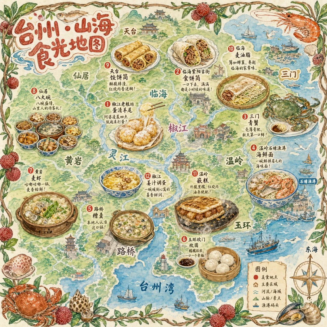 手绘风格城市美食地图&middot;台州