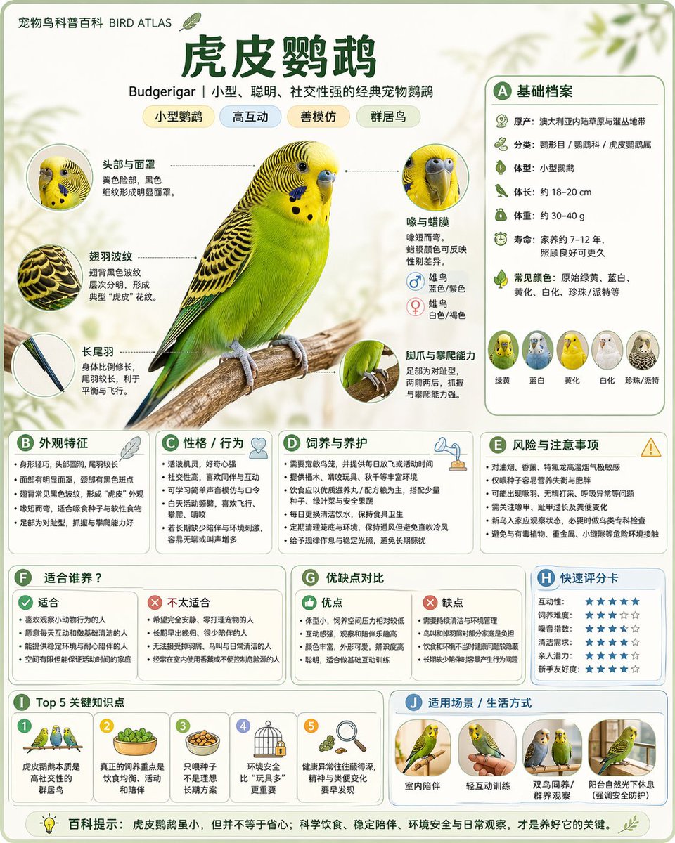 关系图谱信息图：虎皮鹦鹉科普百科卡片