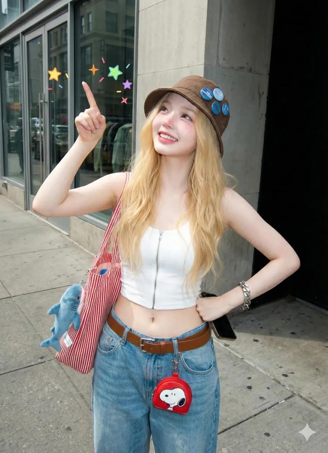 街头时尚：活力少女的香蕉手机自拍