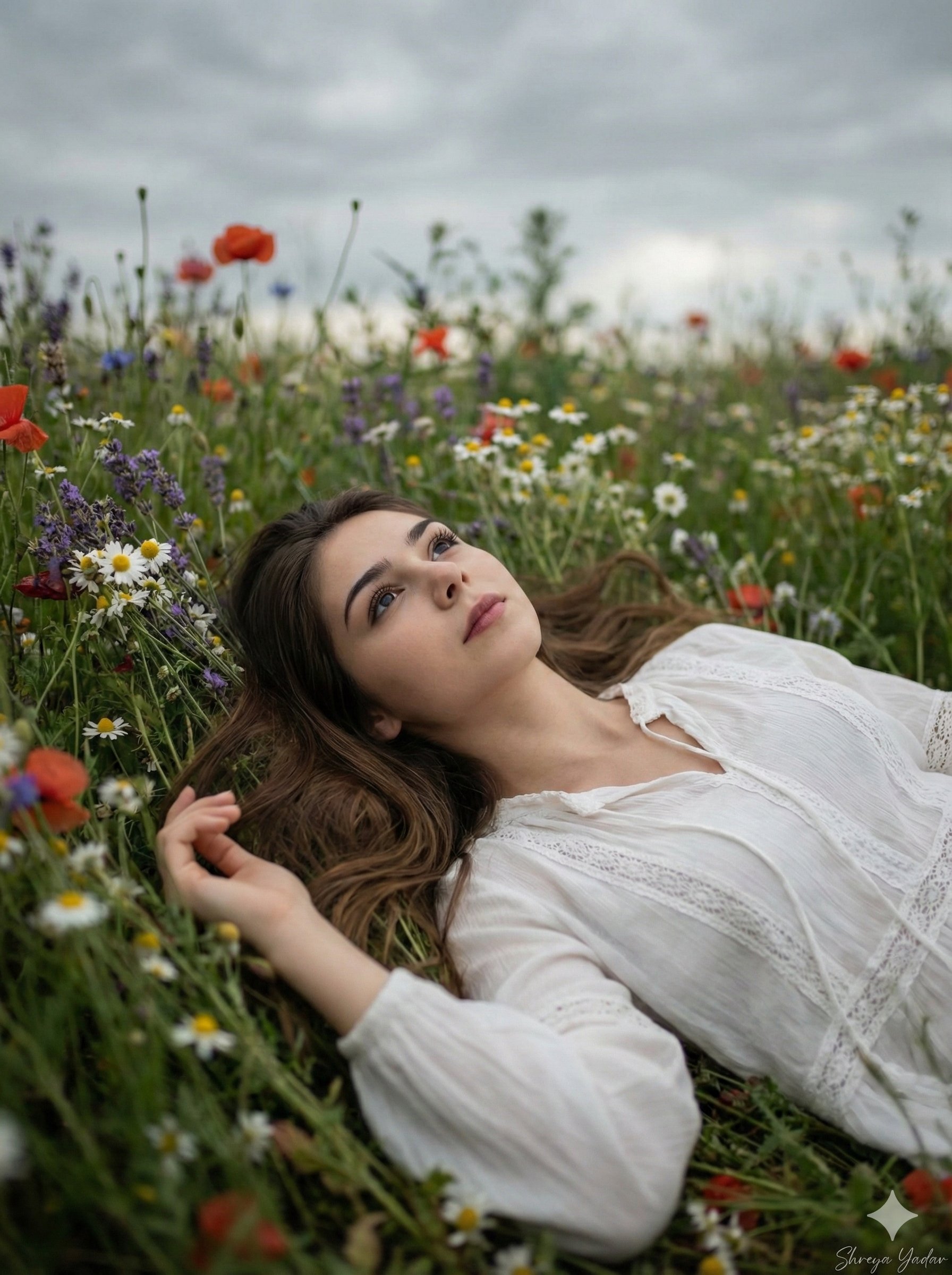 追逐多云的天空与野花梦境