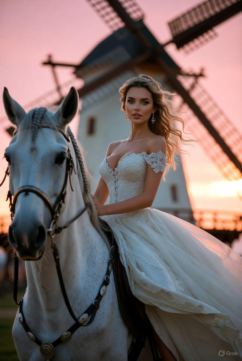 想象之马：白裙女性的日落风车旁