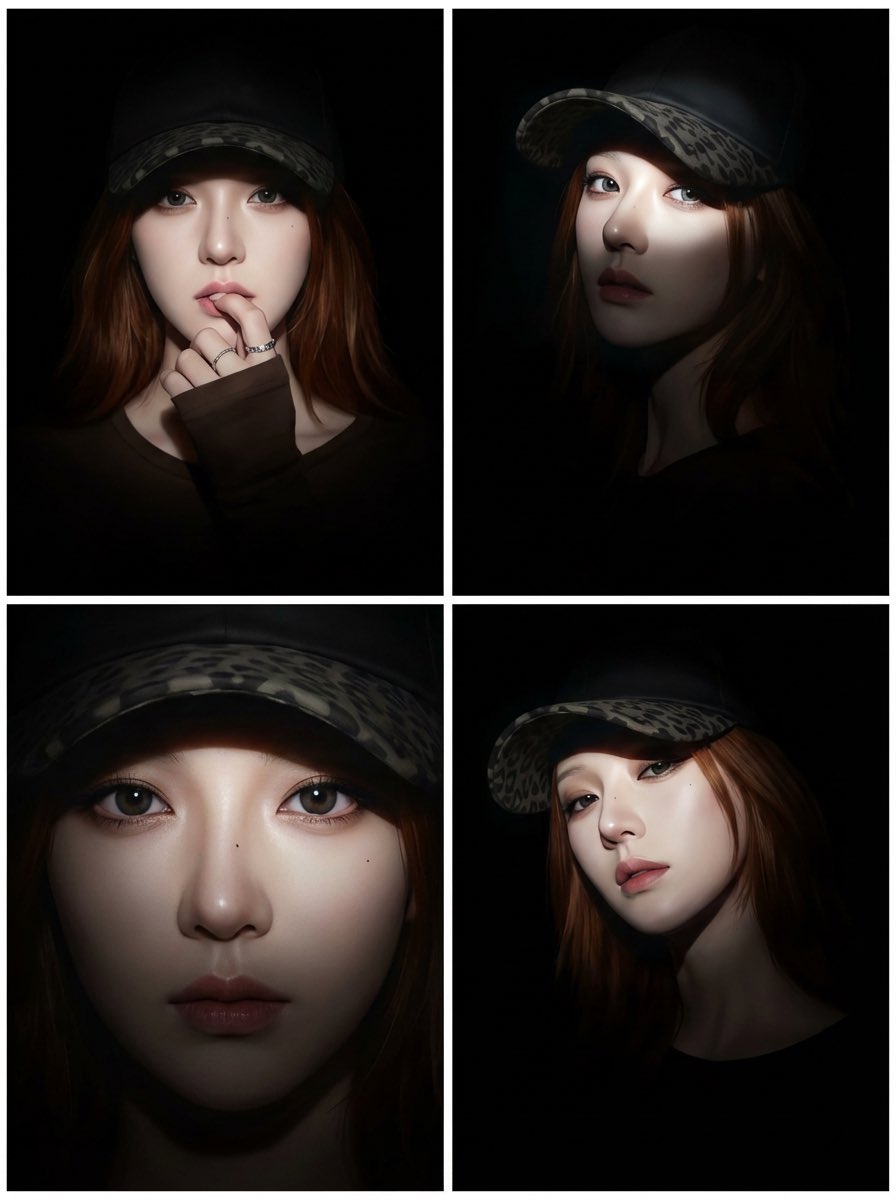 2x2网格分屏拼贴，超现实主义动漫风格，光影交错