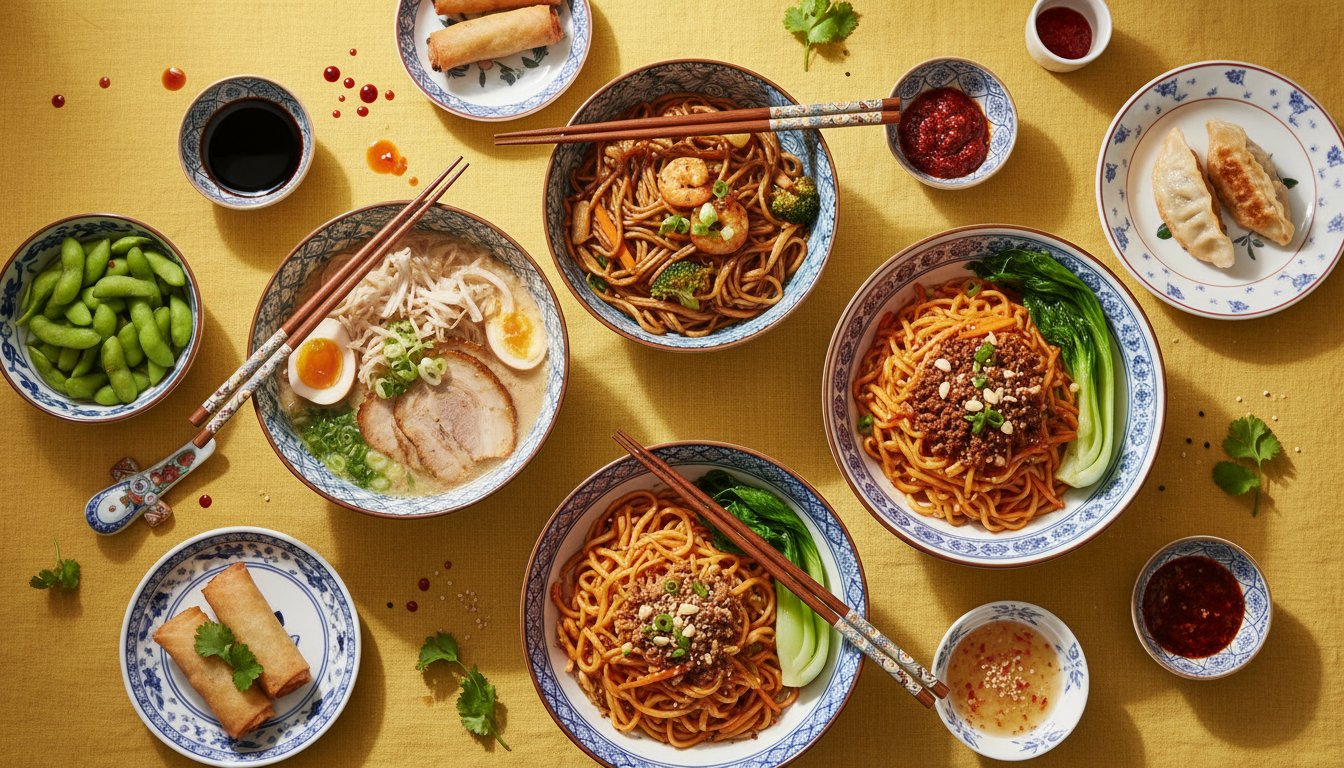 亚洲美食摄影：黄色桌布上的多款面条摆盘