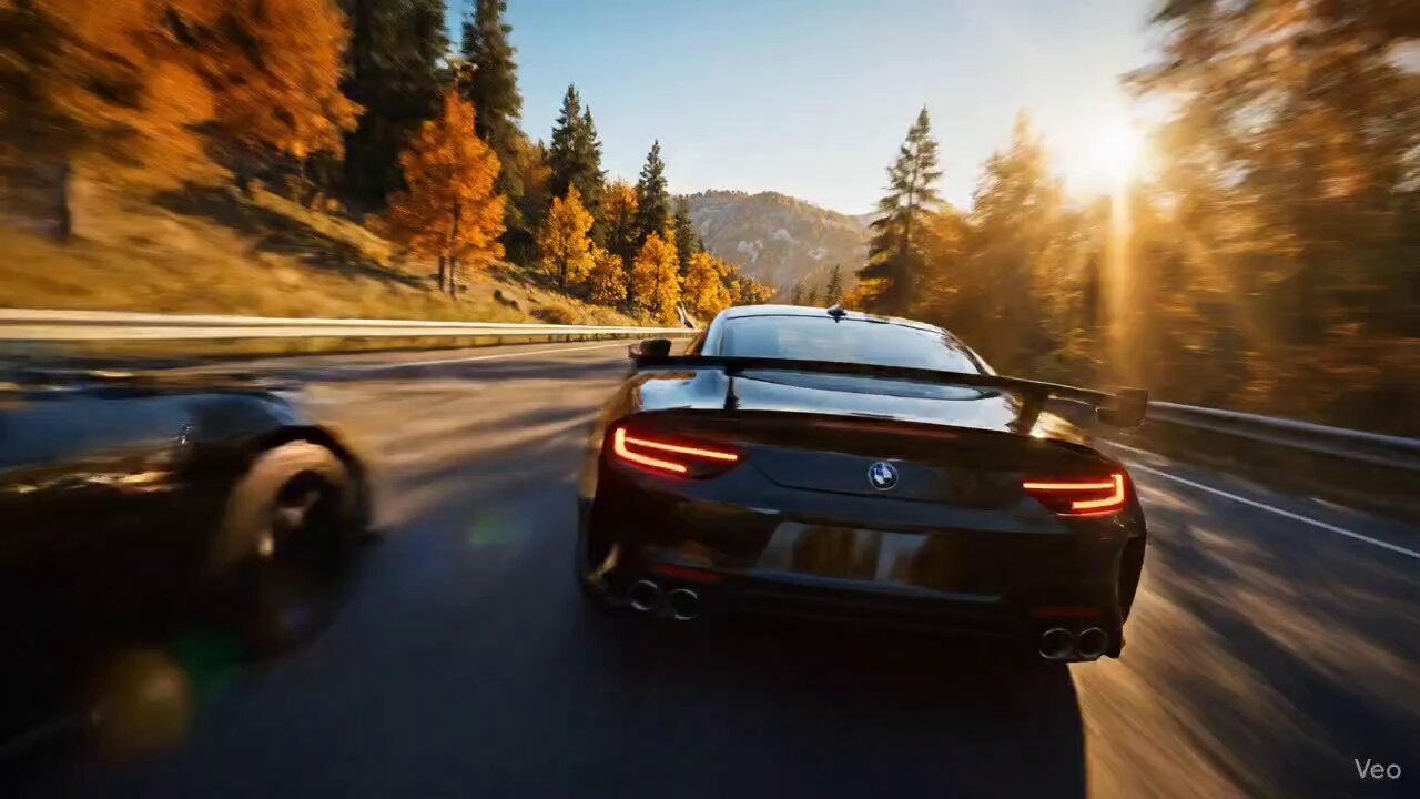 动态高速追逐：山间公路上两辆黑色运动跑车较量