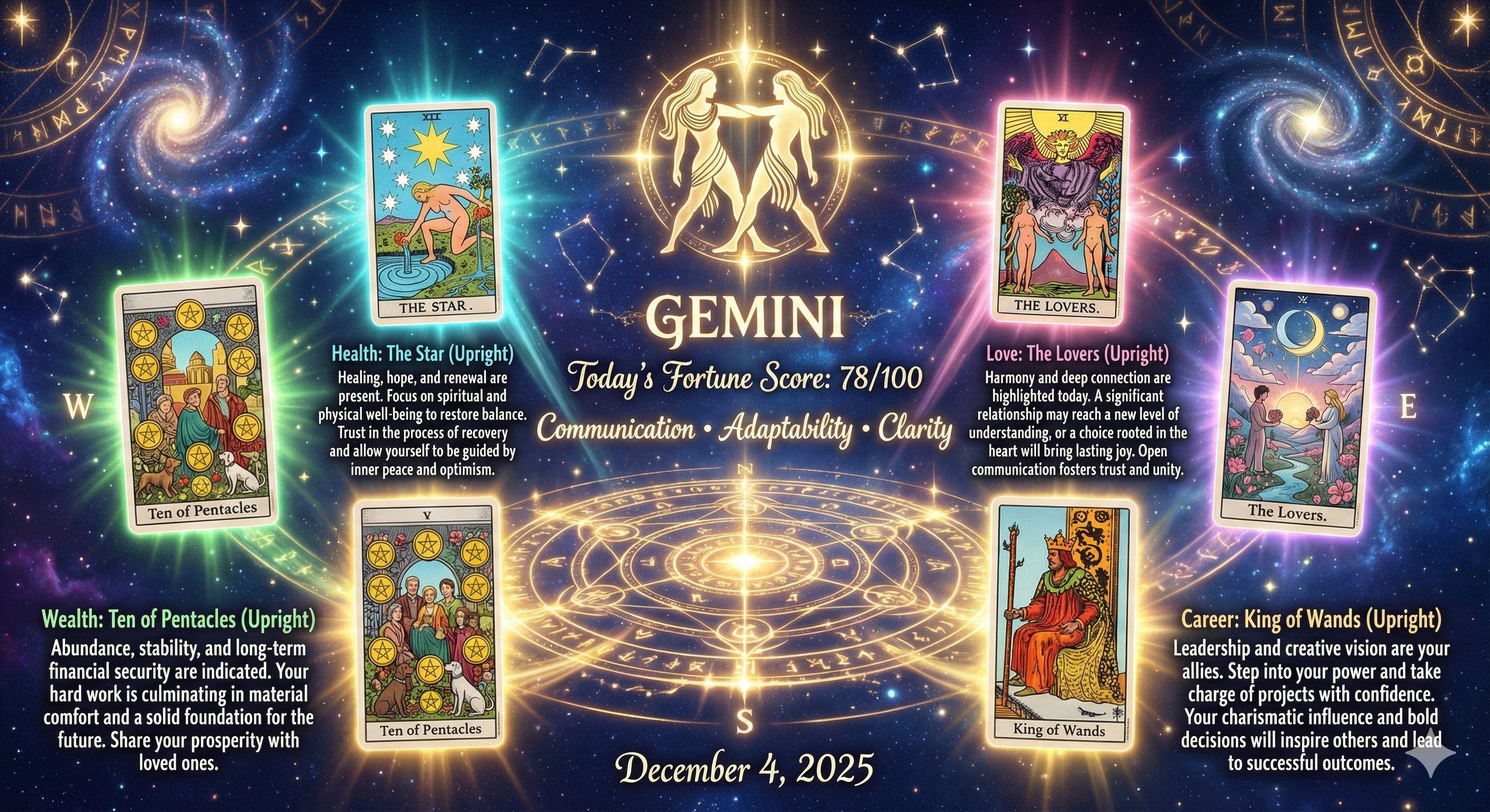 解锁宇宙的魔法塔罗牌阅读&mdash;&mdash;包含星座洞察、运势评分和神秘仪式圈中的四张魔幻塔罗牌