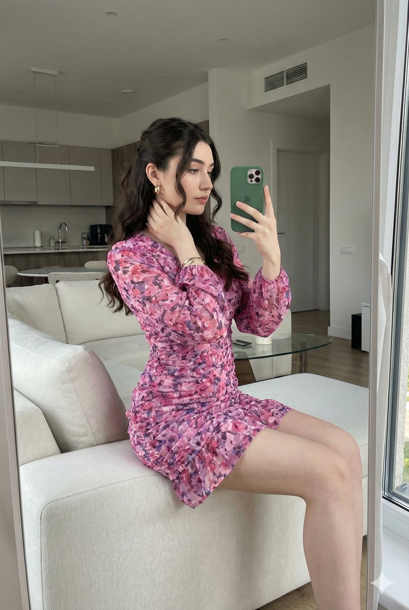 现代客厅中的年轻女性镜自拍