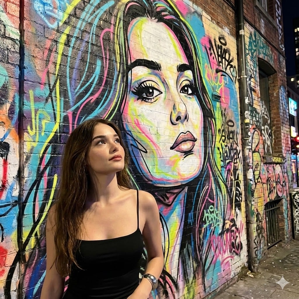 街头艺术场景：参考人物前的大型涂鸦肖像