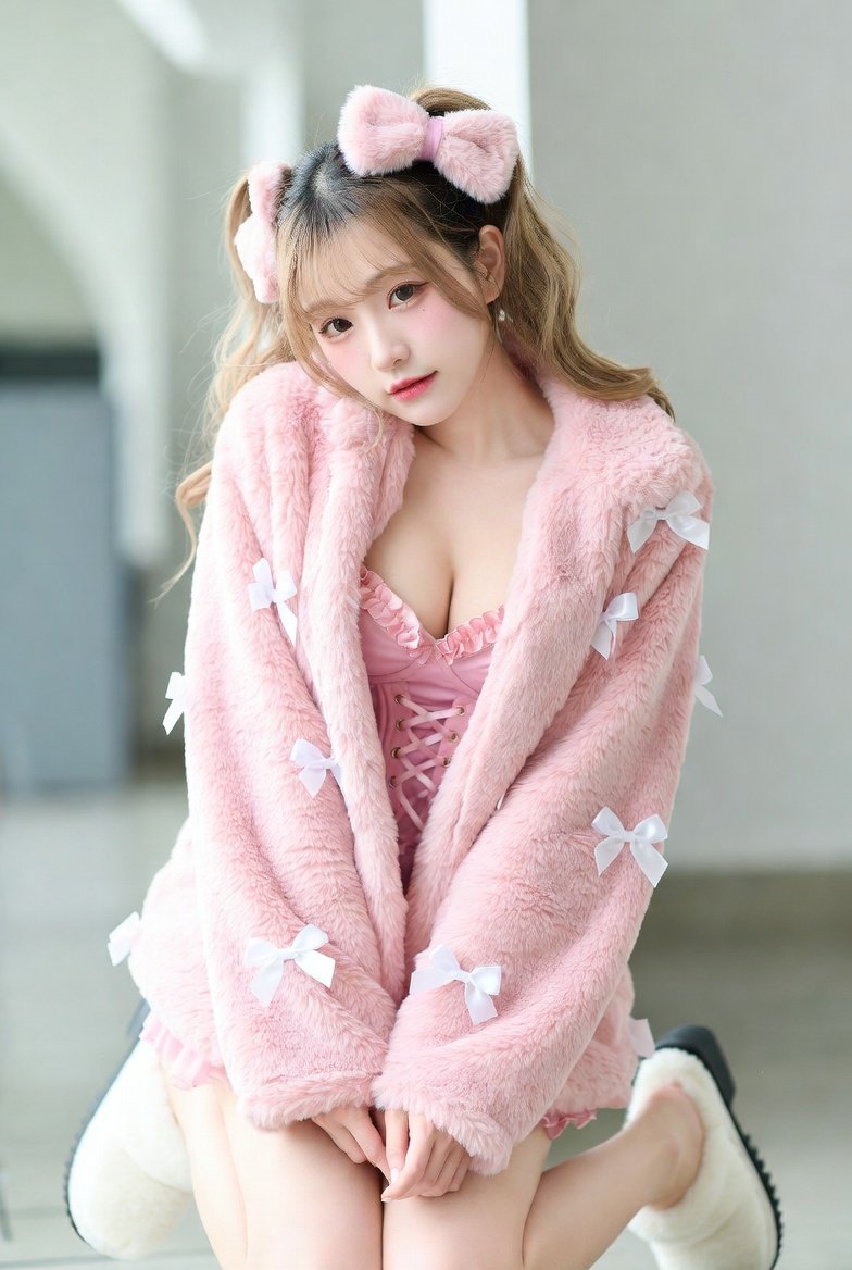 韩系美少女粉色蓬松大衣搭配蕾丝连体衣