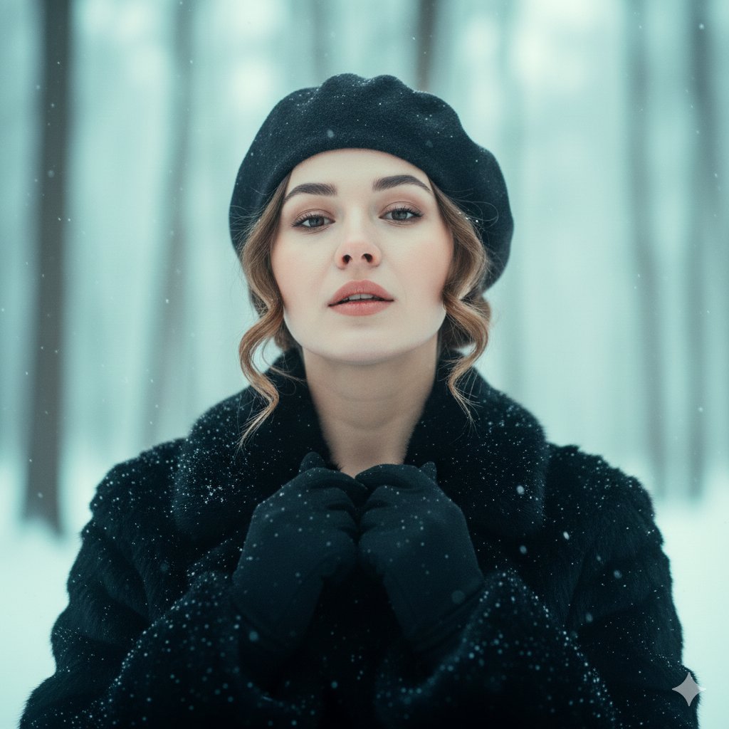 冬日雪林中优雅女性的超写实肖像