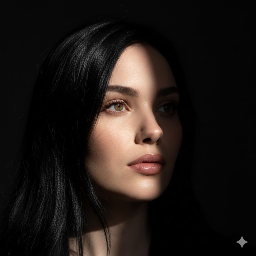 8K高清照片：飒爽女性近照，黑发随风，光影交织