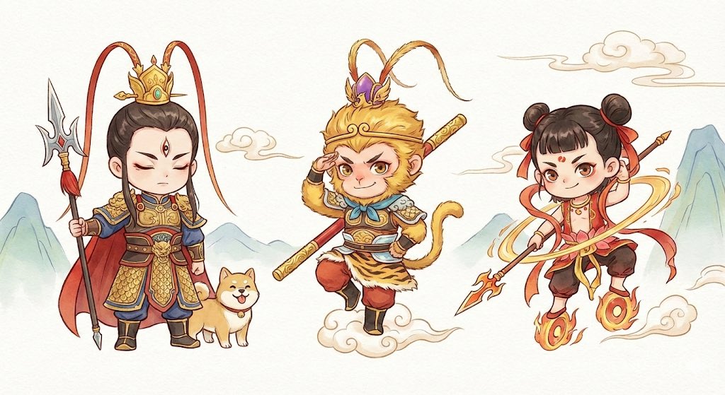 中国神话角色插画：二郎神、孙悟空、哪吒Q版组合