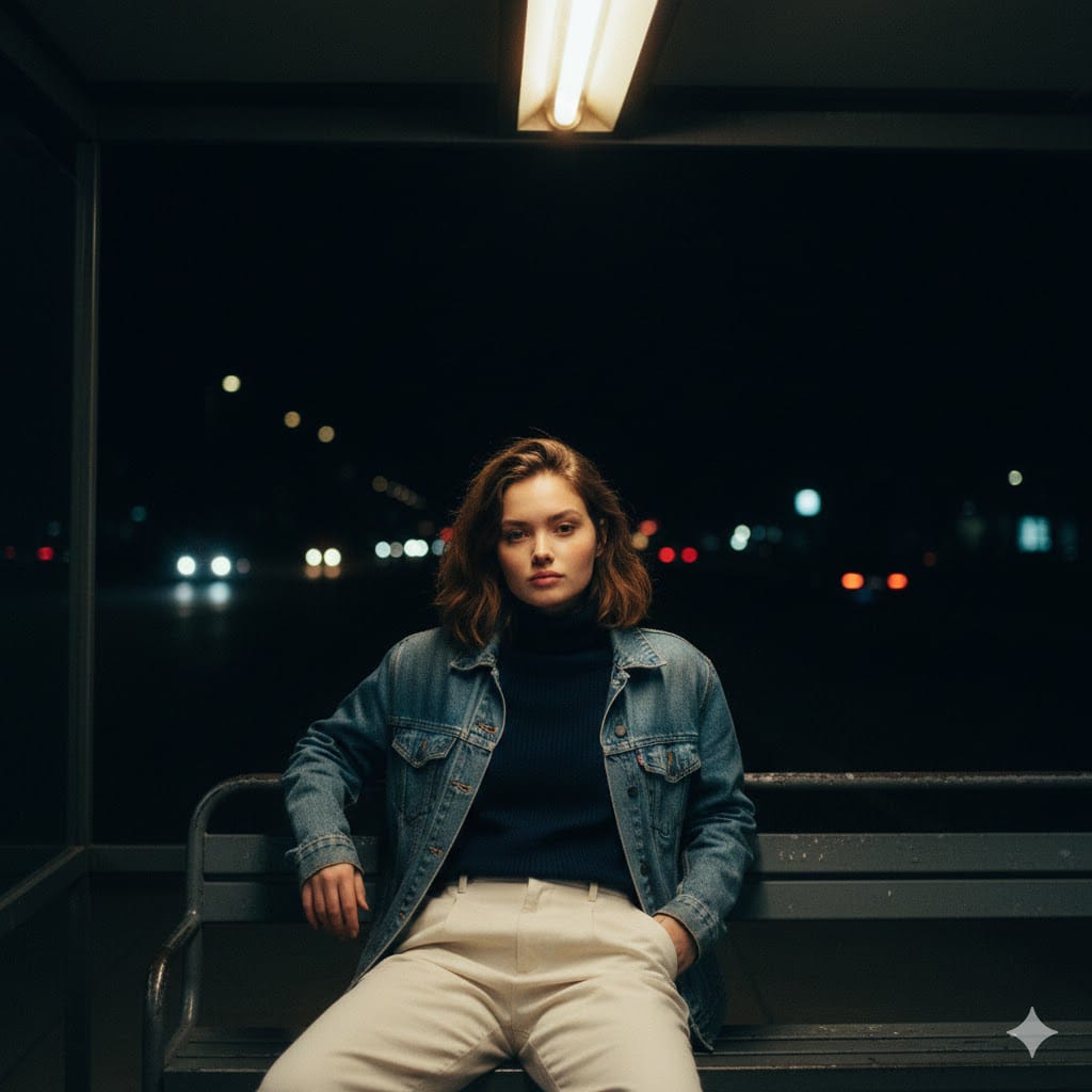 夜晚老公交亭中的沉思女子