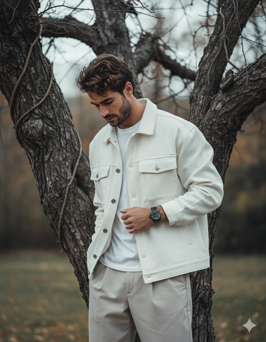 拥抱宁静，时尚超大号白色夹克中的沉思之旅
