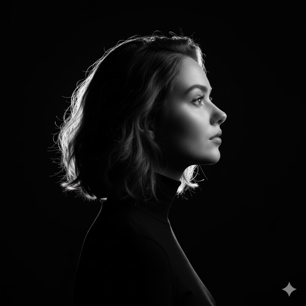 高对比度单色侧脸轮廓肖像（使用用户面部参考）