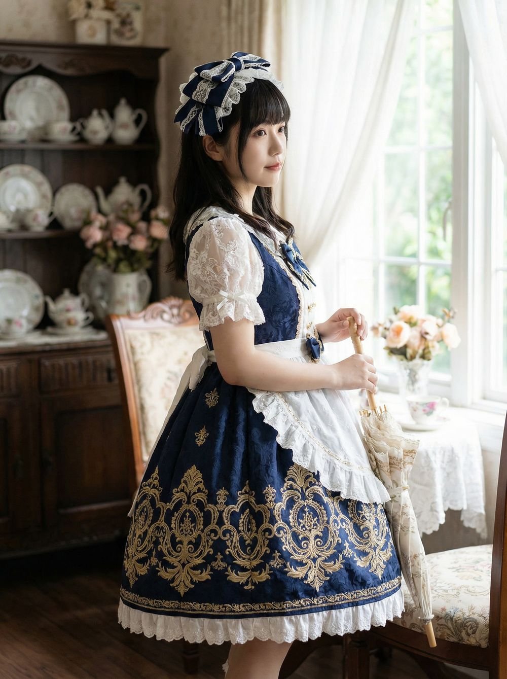 日式洛丽塔风格：海军蓝与白色泡泡袖洛丽塔连衣裙