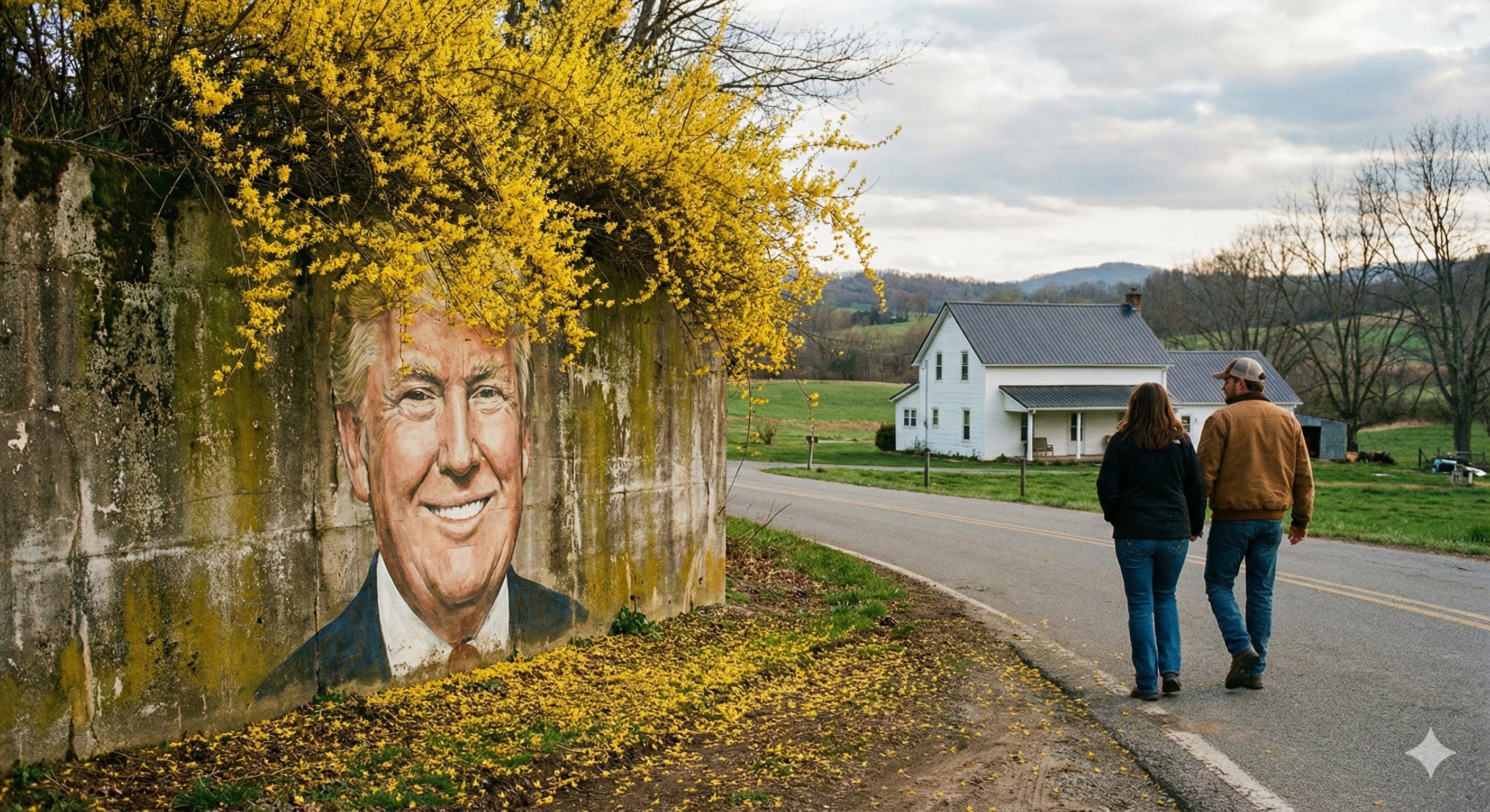 乡村公路旁的现实主义电影摄影：特朗普肖像与春花