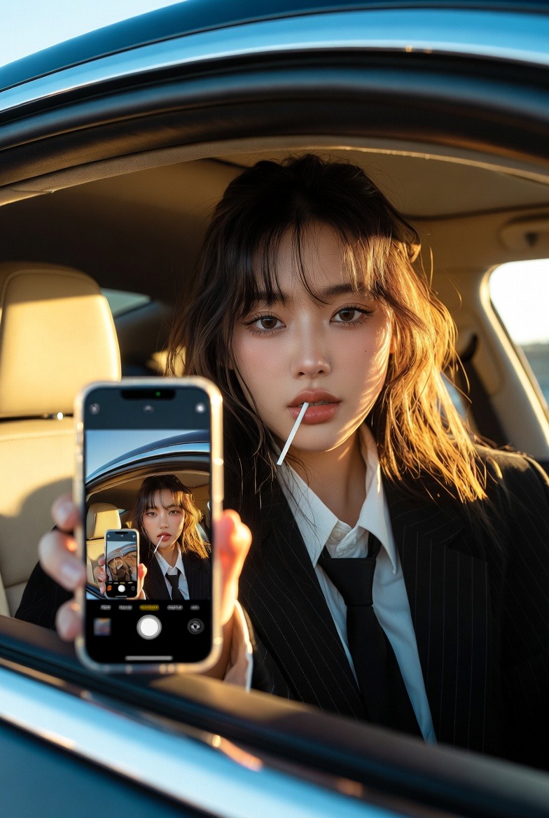 潮流Z世代汽车肖像摄影/递归照片概念/酷女孩网红风格/黄金时段随性/电影式城市生活快照