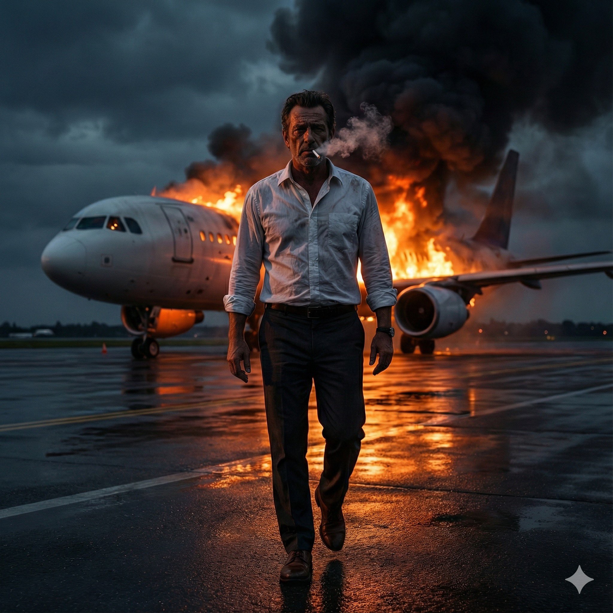 夜幕机场跑道上的男人肖像