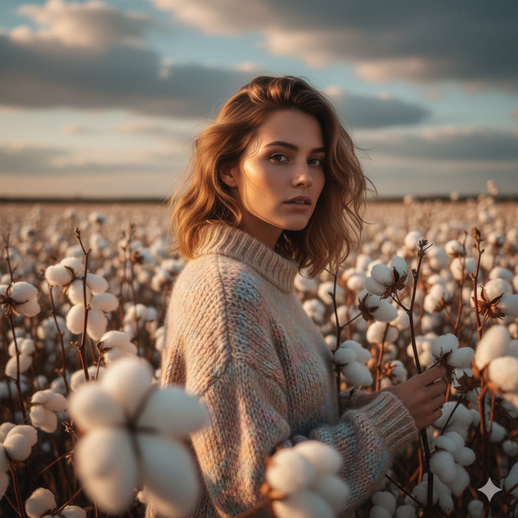 金色黄昏下的棉花田中的超写实年轻女性肖像