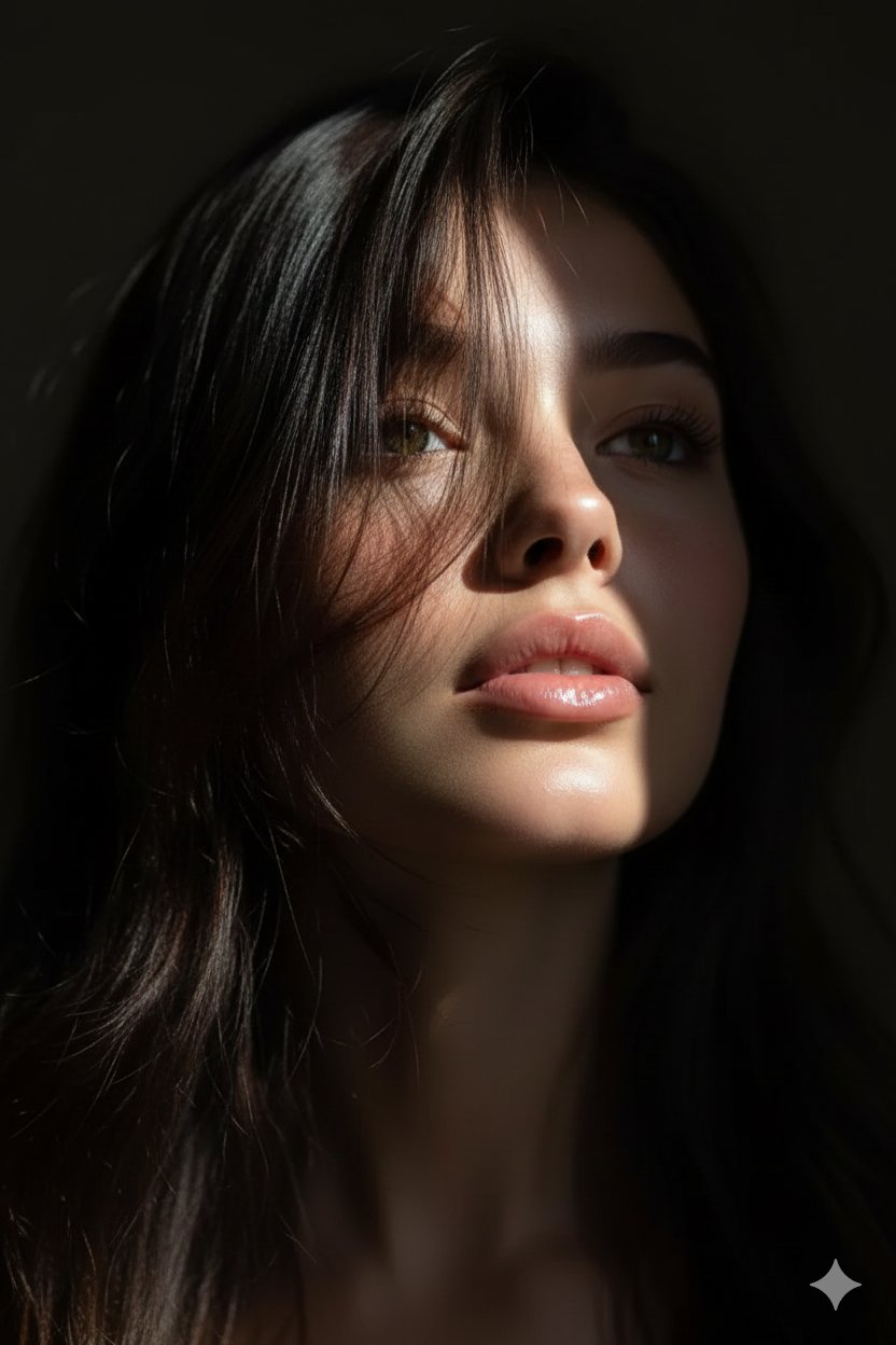 8K超逼真女性肖像：黑发飘逸，光影交错