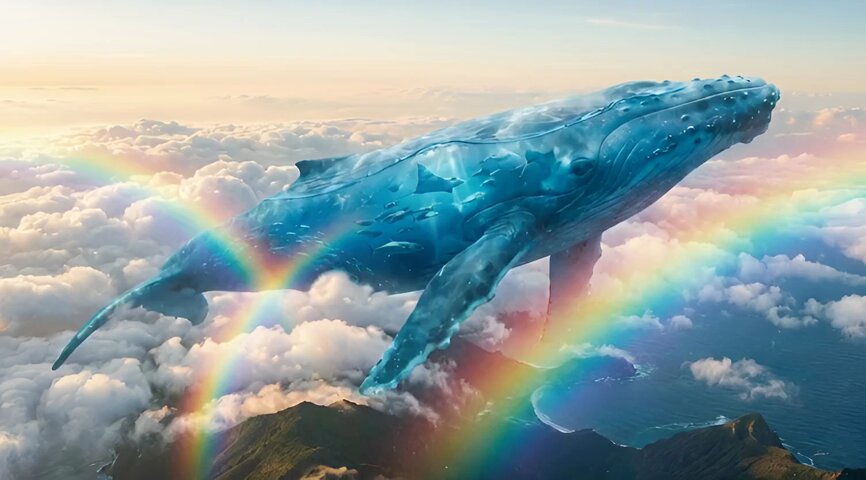 纳米香蕉Pro创造的海洋奇观：透明蓝鲸在金色时光下翩翩起舞