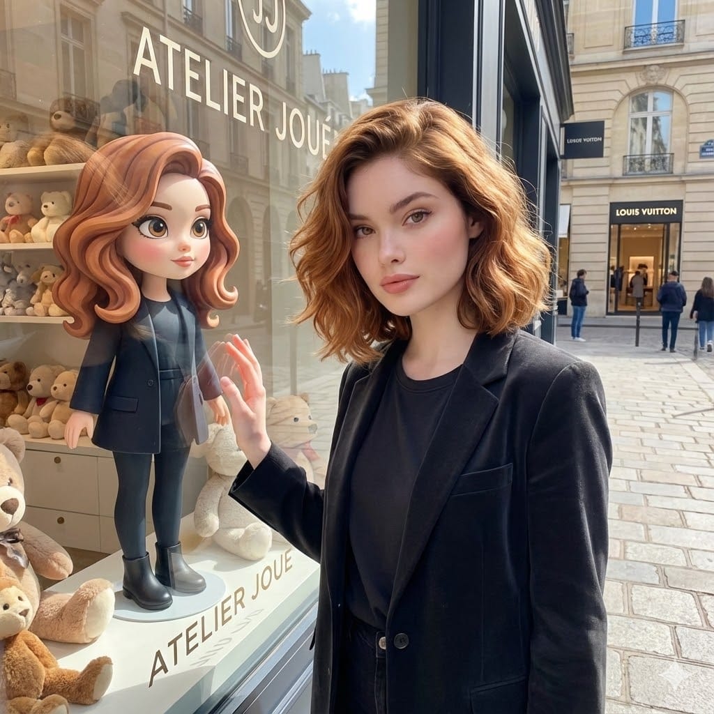 奢华玩具店窗外的街头时尚摄影：参考图像女性的卡通化形象