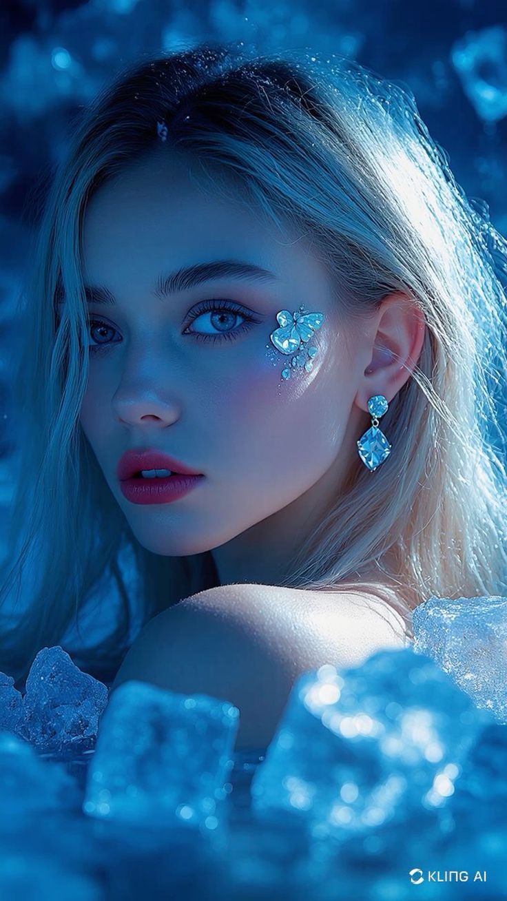 铂金白发女性冰蓝妆容摄影