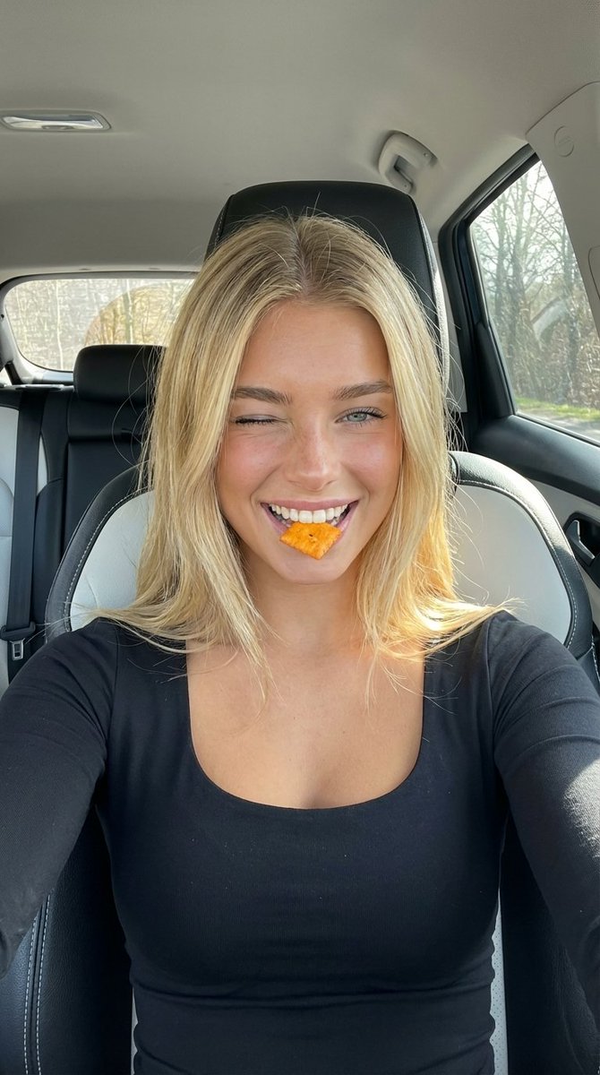 年轻女士笑眯眯地吃着奶酪饼干