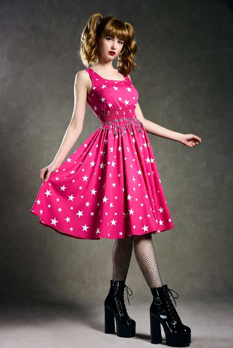 热粉红长袖连衣裙搭配白色星星印花与装饰链条腰带