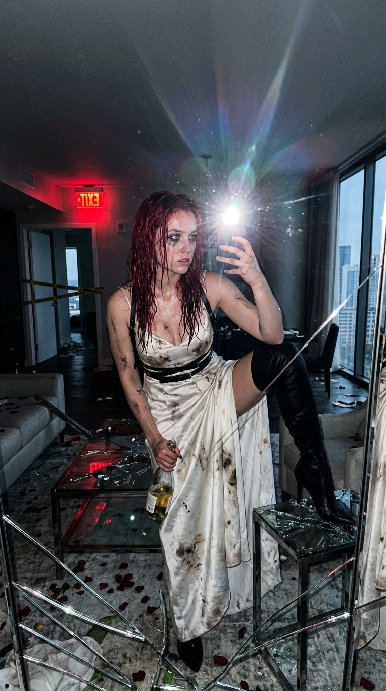 废弃酒店套房中的超现实主义自拍