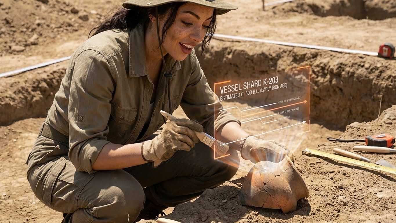 考古挖掘场景中查看3D时间线和数据叠加的文物