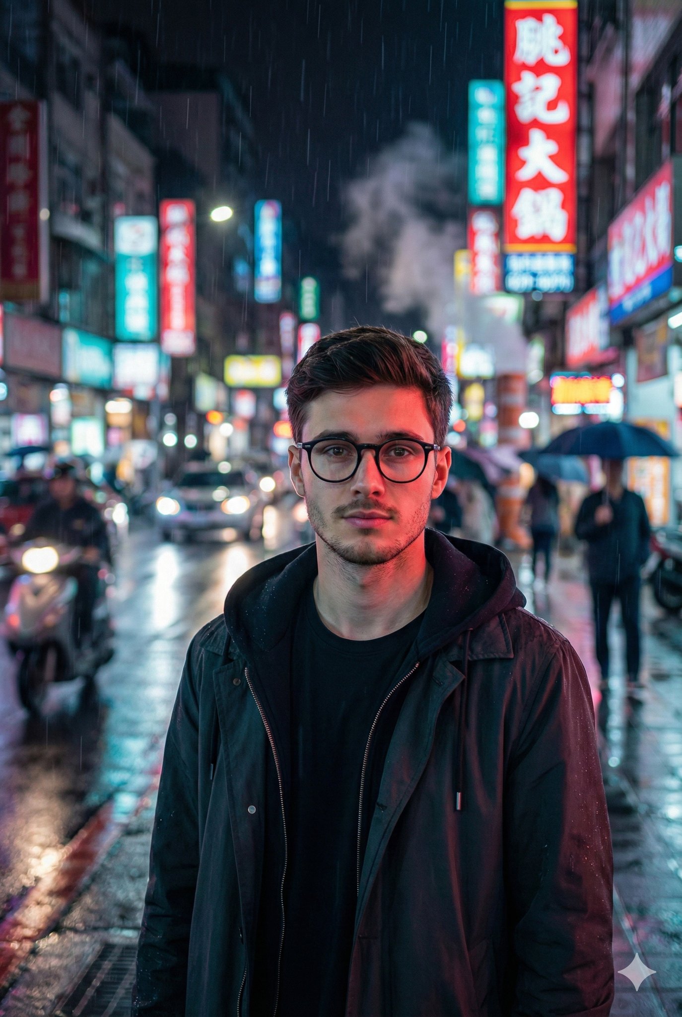 街头夜景中的冷静警觉男子