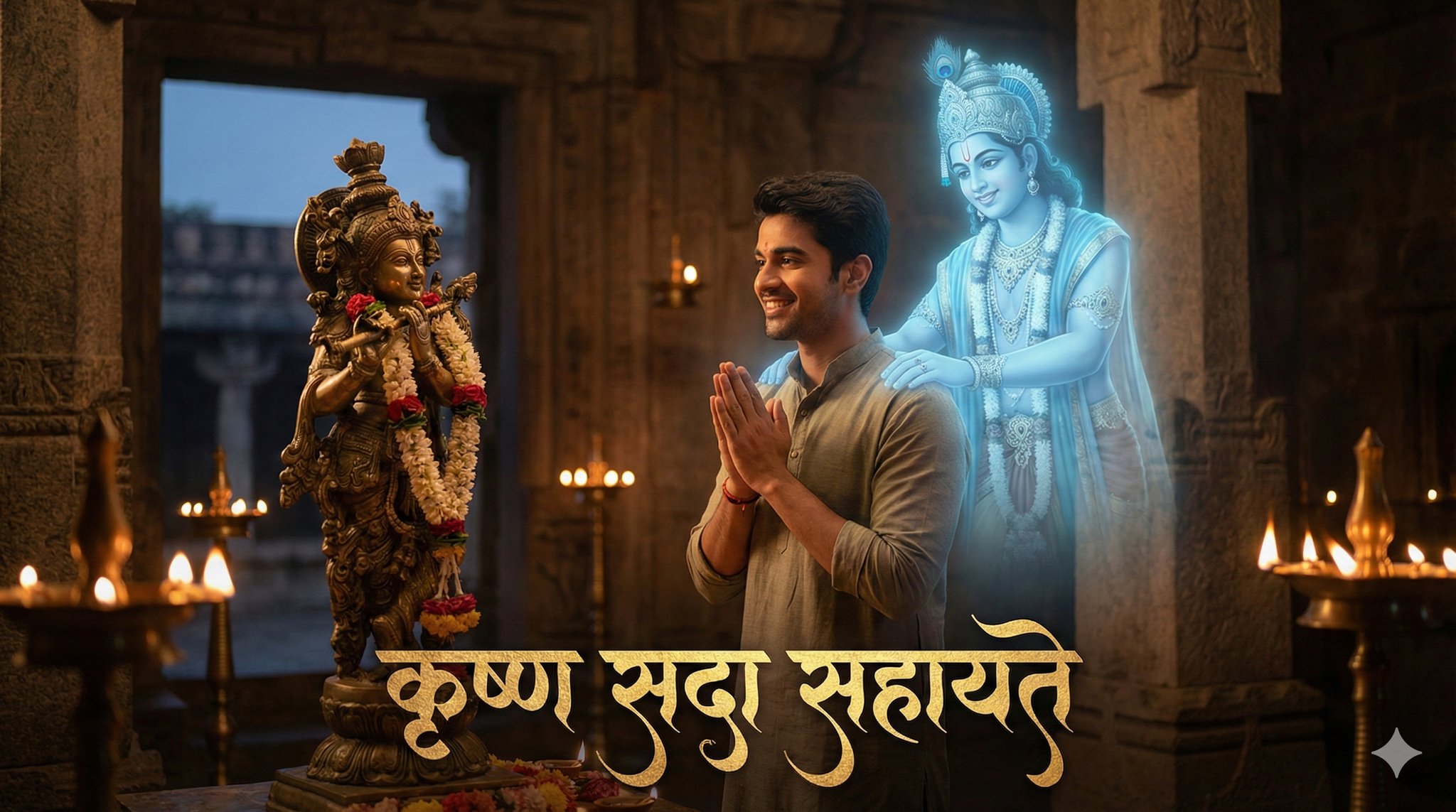 印度青年信徒与神像合影，天空蓝色全息图像中的快乐克里希那