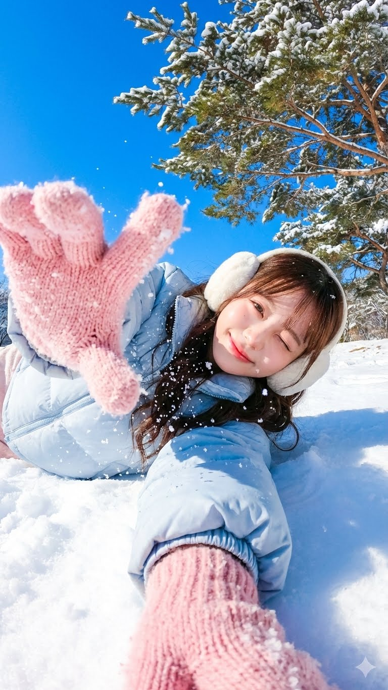 雪地躺卧的亚洲少女