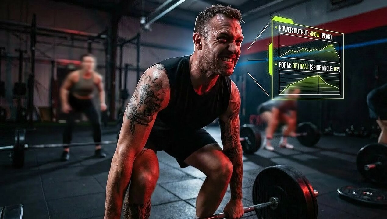 健身馆中男子举重及动态HUD