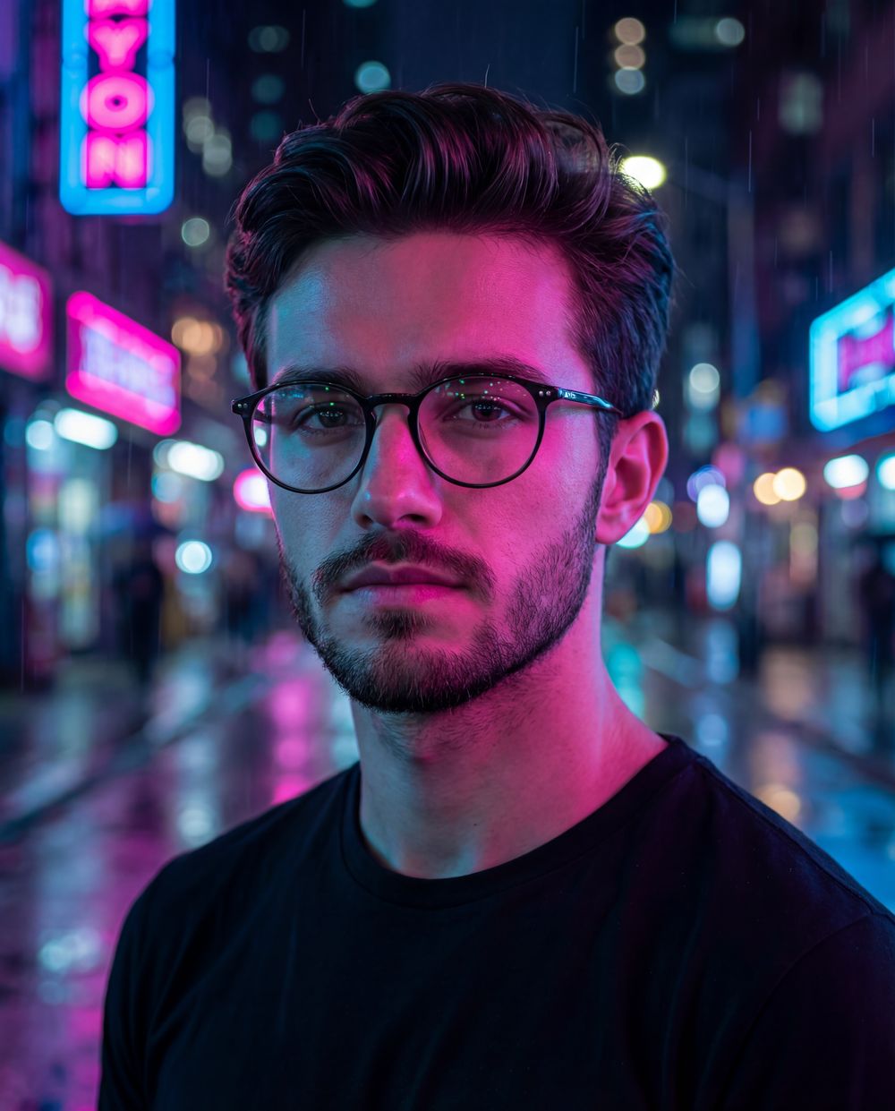 Neon-Lit Night Street Portrait