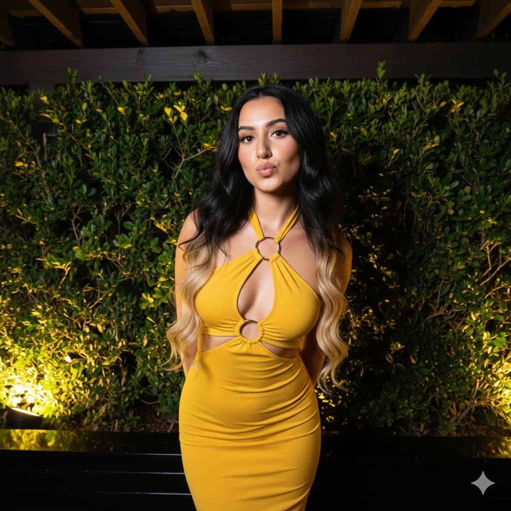 夜景中穿着黄色连衣裙的年轻女性肖像