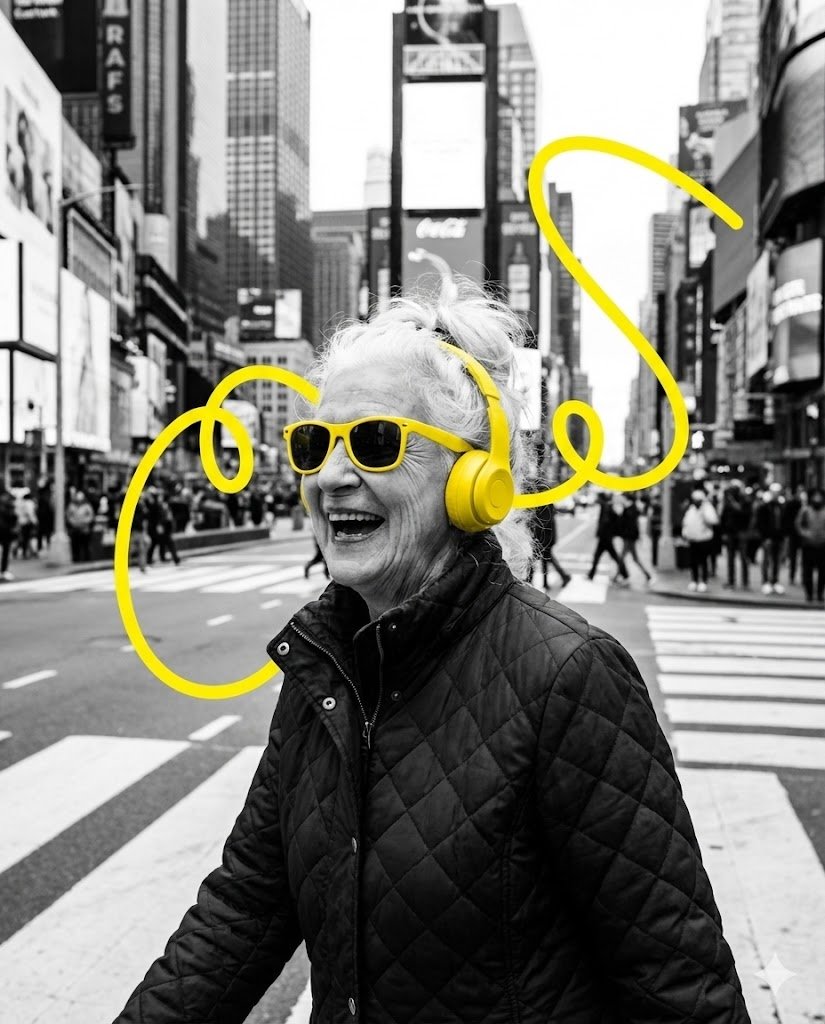 都市街头黑白肖像，选择性黄色点缀