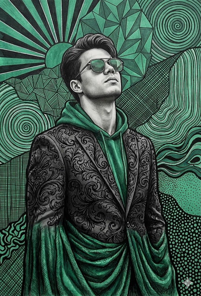 翡翠绿色与炭黑色调的时尚肖像