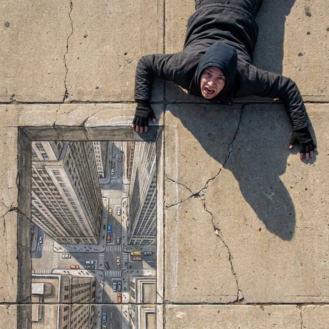 混凝土人行道上俯拍的人物照片，表现惊恐表情与立体感十足的壁画