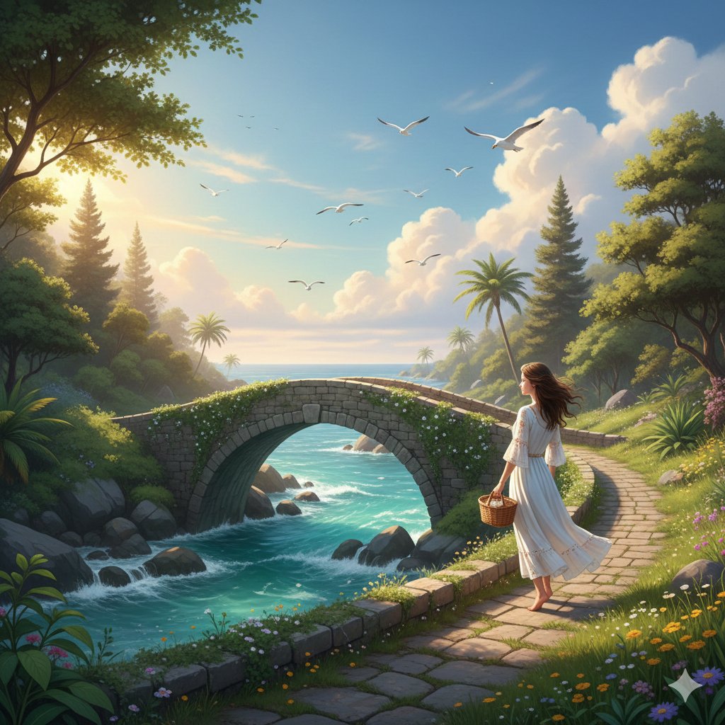 Gemini AI Nano Banana 3 Pro - 年轻女孩与古老石桥