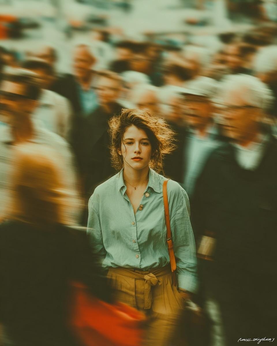 繁忙人群中的静止少女