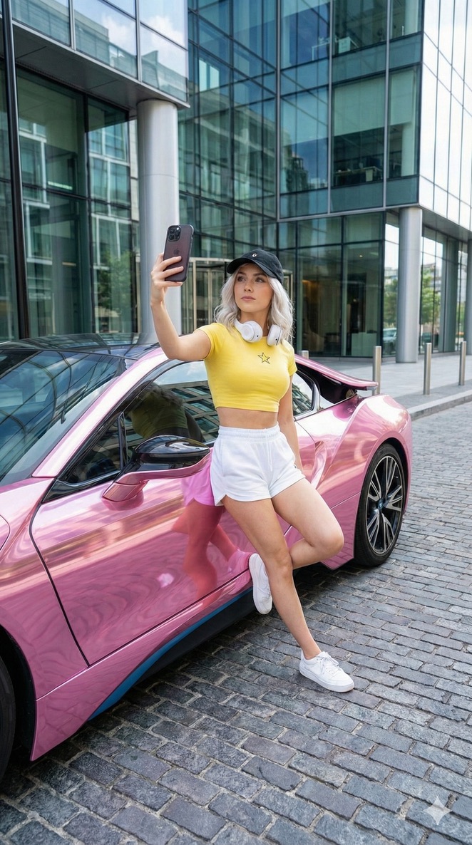 现代都市背景下的年轻女子与粉色超跑