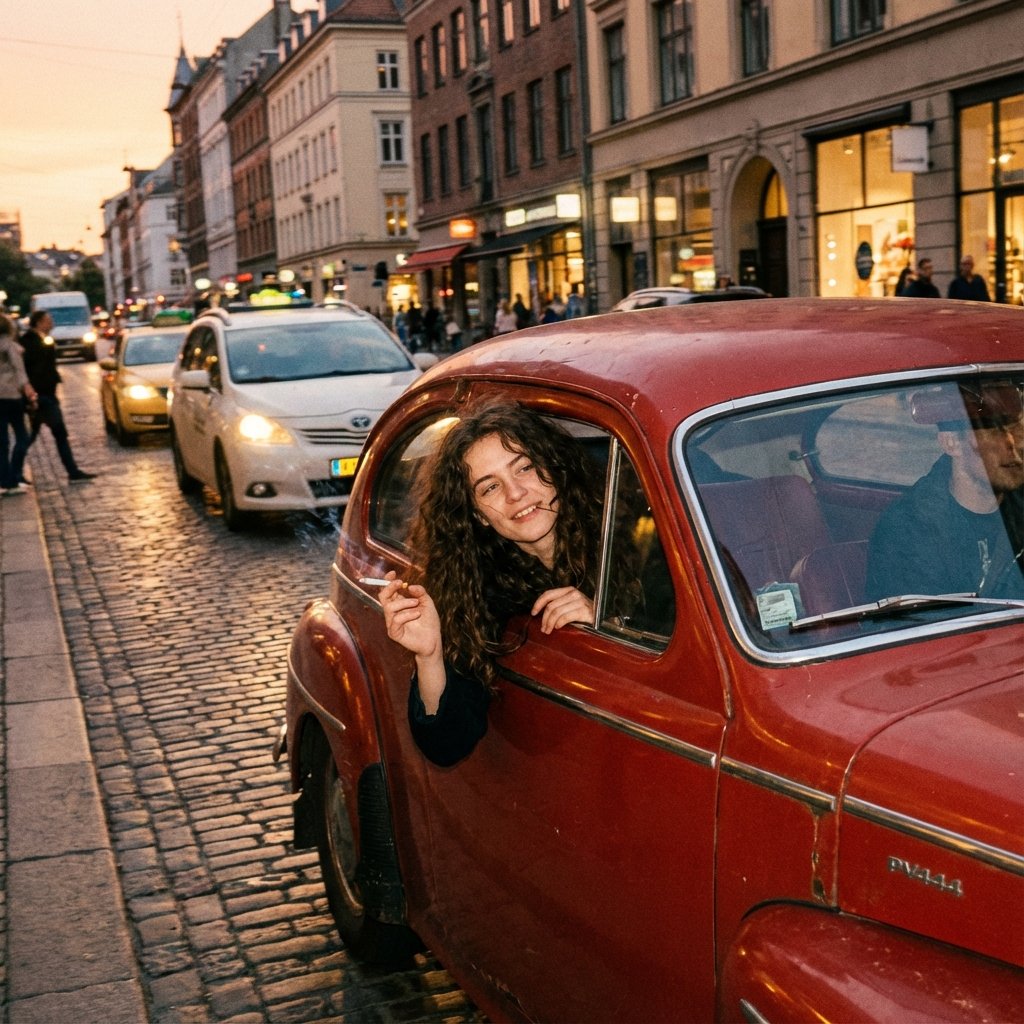 黄昏欧洲街头复古车窗旁的年轻女子