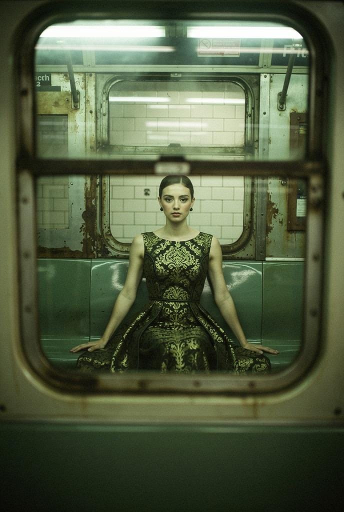 地铁车厢中独立女性的时尚摄影