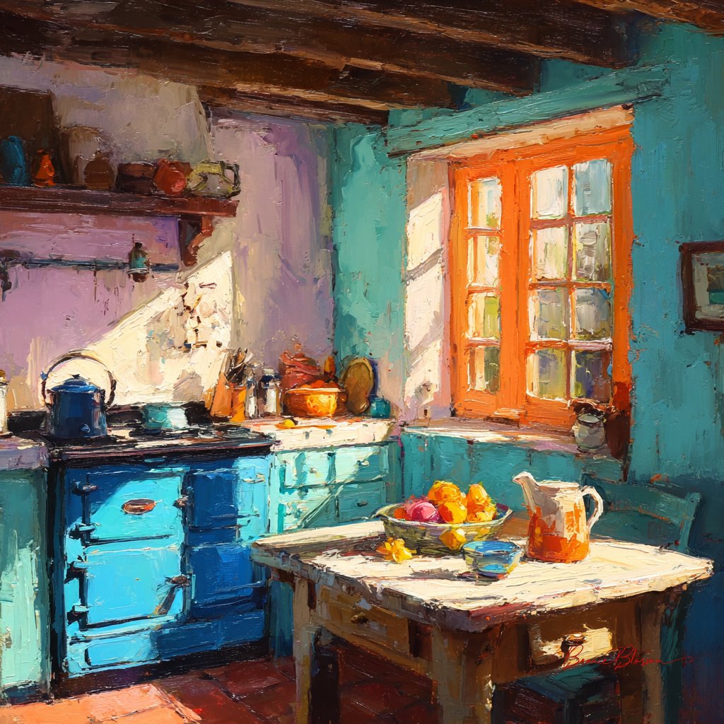 印象派风格油画：复古农舍厨房