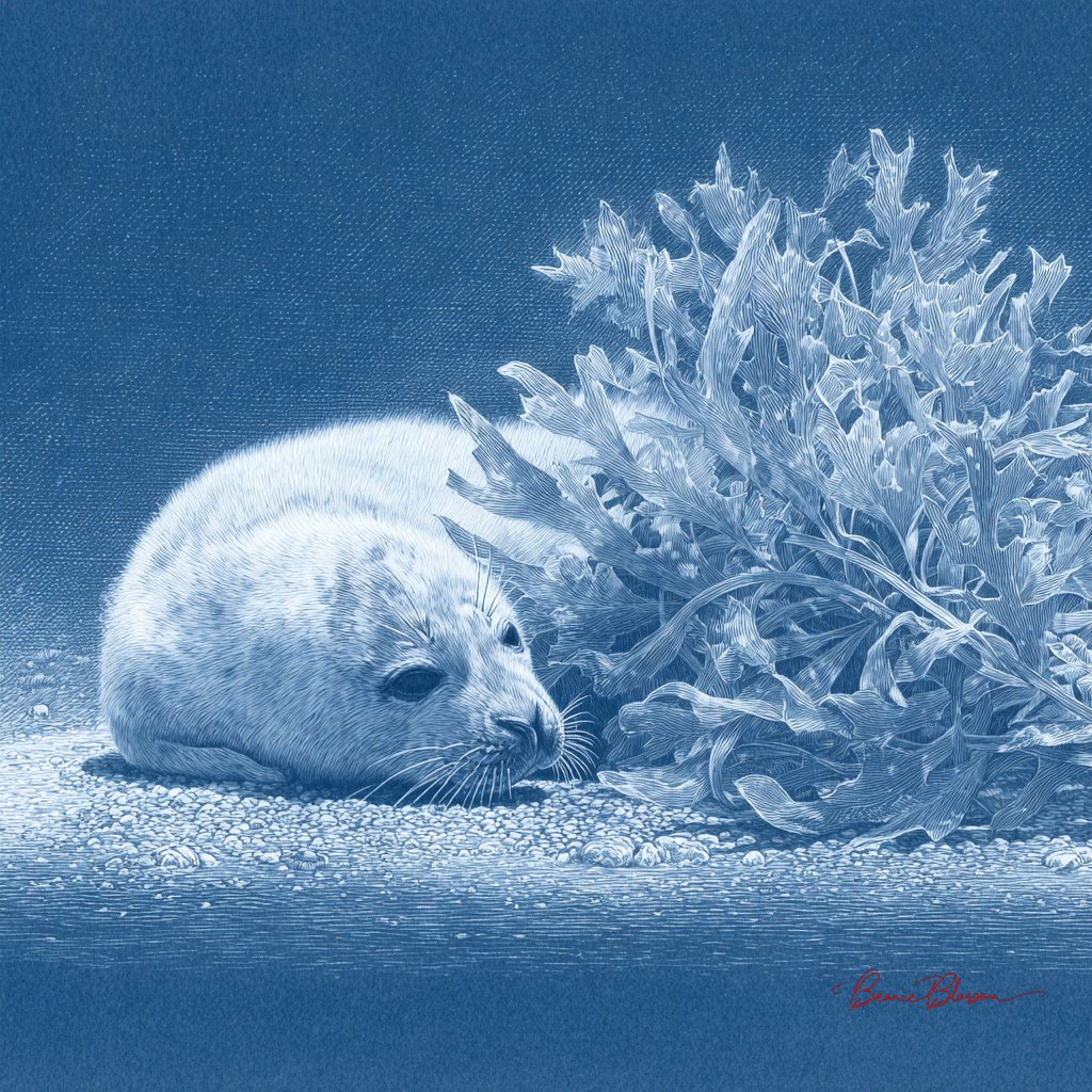 银点描绘的浅蓝色纸上睡着的海豹幼崽，在雾蒙蒙的北极海滩上，细线捕捉湿毛和海藻结晶