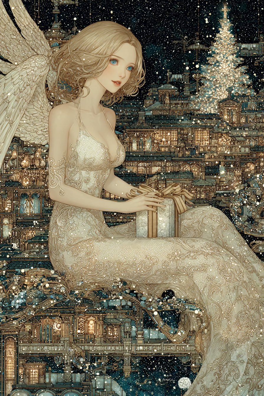 优雅的天使与奇幻城市夜景