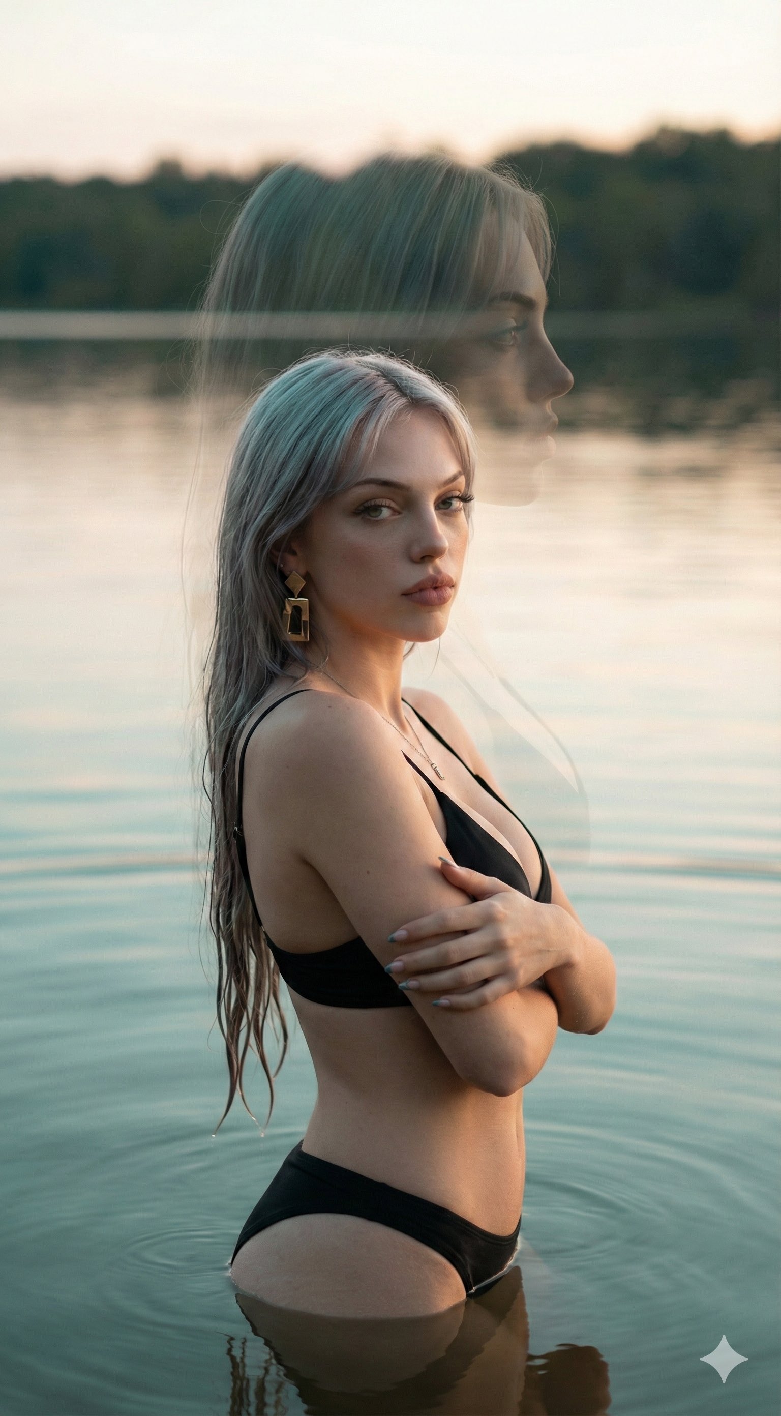 Gemini Nano Banana 3.0 - 湖边日落年轻女子摄影