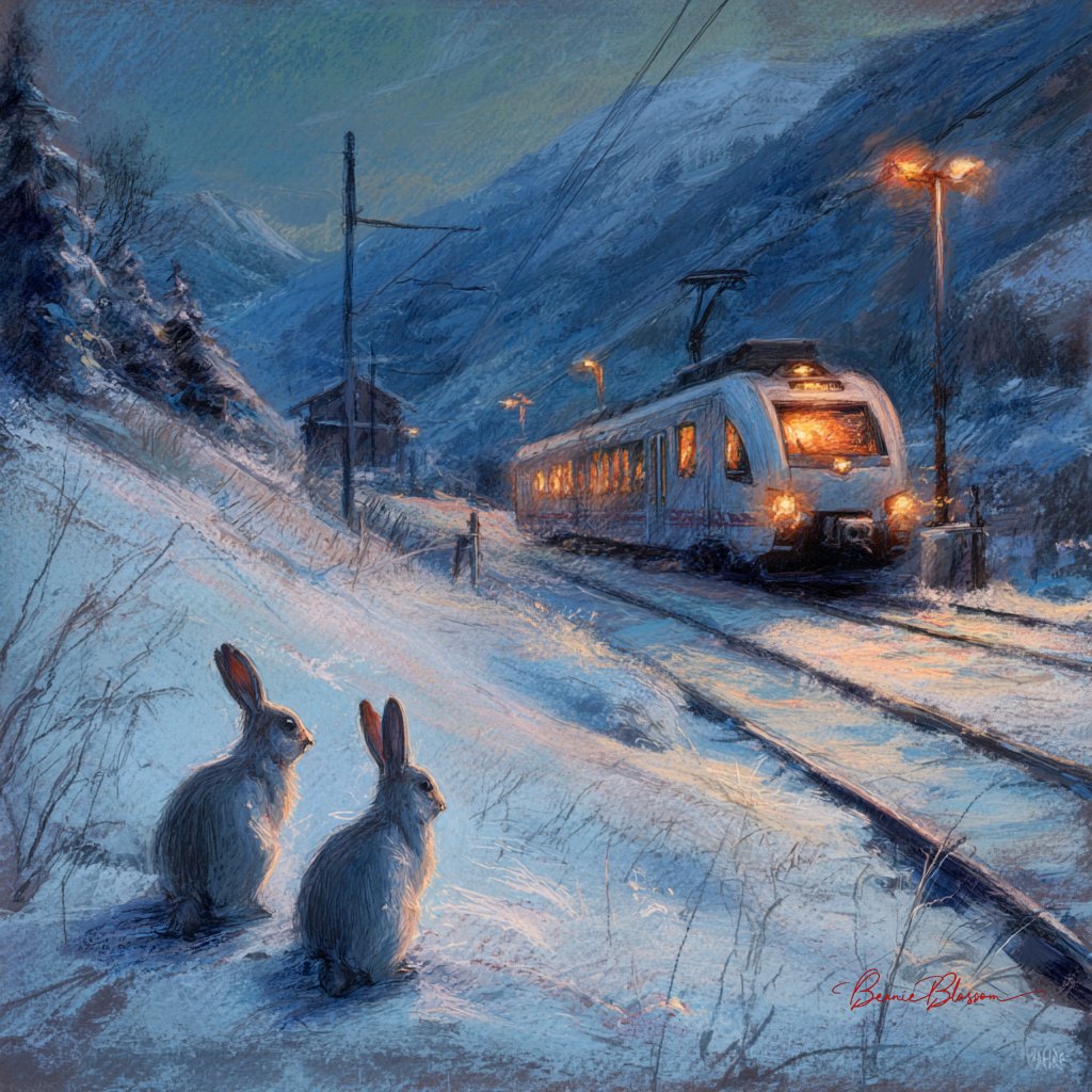 雪谷中缓缓驶过的阿尔卑斯小火车